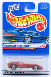 Thomassima 3 | Model Cars | HW 2000 - Collector #070 - First Editions 10/36 - Thomassima 3 - Metallic Red with Side Tampos - LW Wheels - USA 'Square' Card!