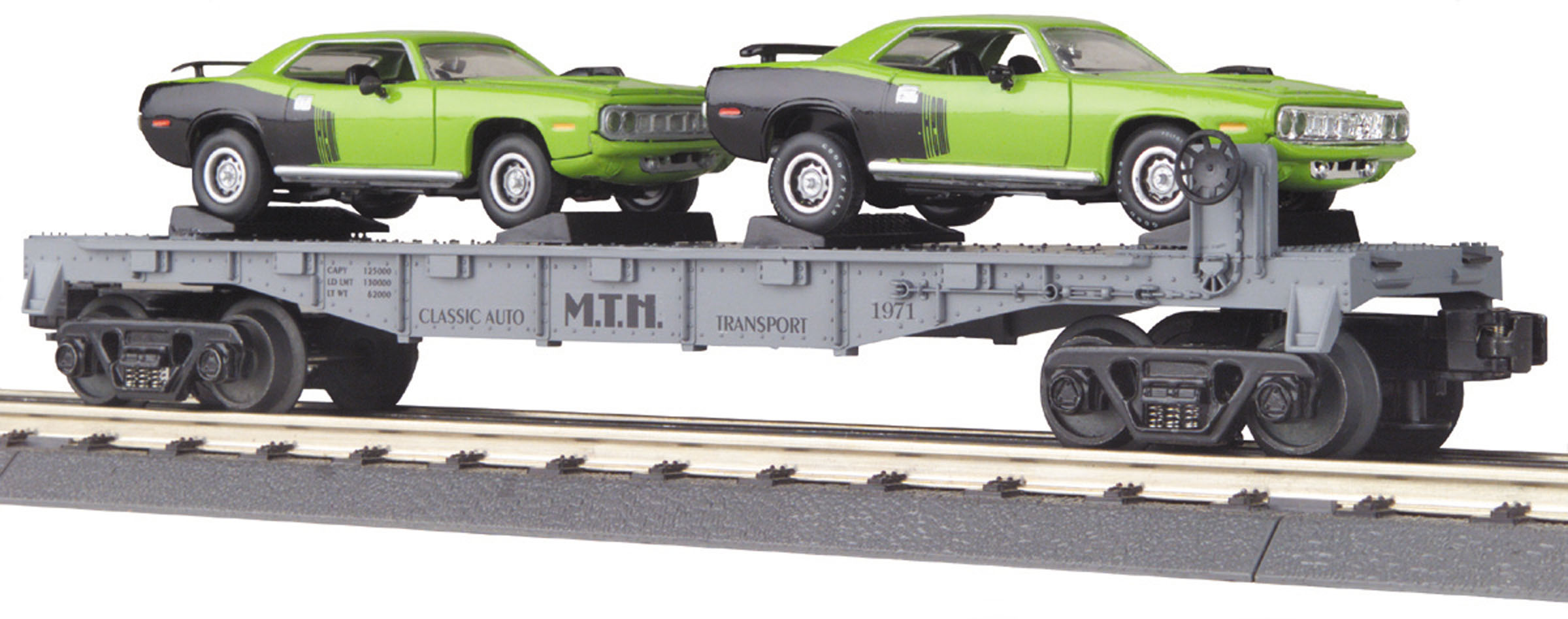 O Gauge Rail King MTH Flat Car W/Ertl Cars (2)1971 'Cudas Model